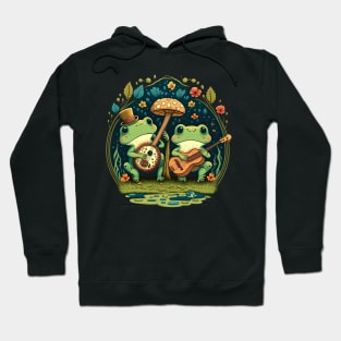 Cottagecore aesthetic cute frogs playing ukelele on Mushroom Hoodie